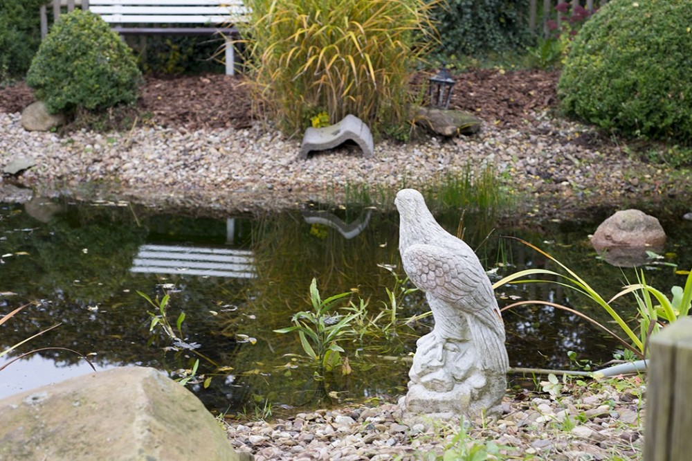 Steinerne Vogel-Skulptur am bepflanzten Kiesstrand eines naturnahen Gartenteichs